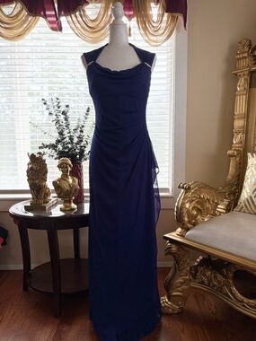 Elegant Navy Evening Gown - Sleeveless Draped Maxi Dress
